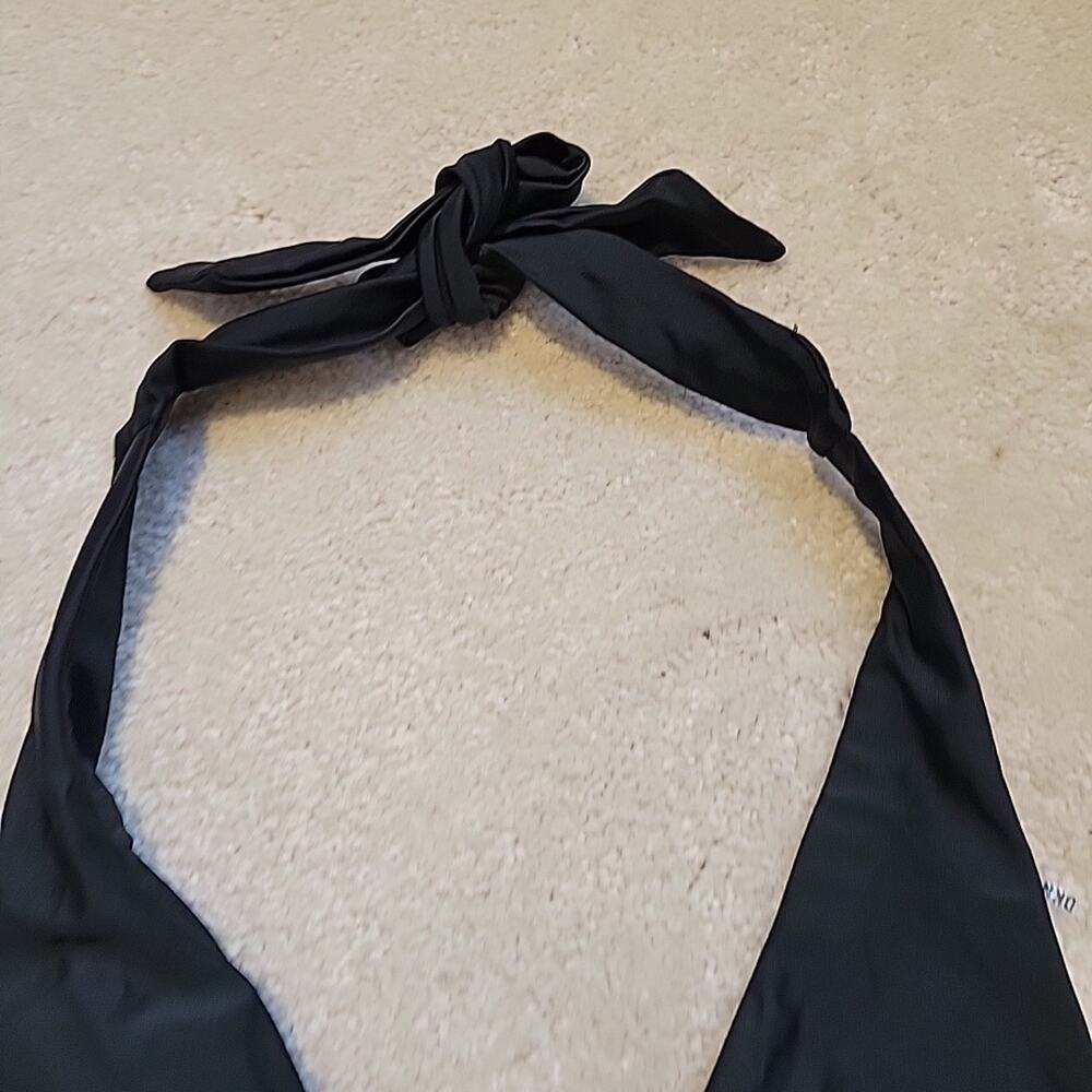 DKNY NWT One Piece Swimsuit Womens M Black Rouched Slim Sides V Neck Tie Halter - Picture 7 of 8